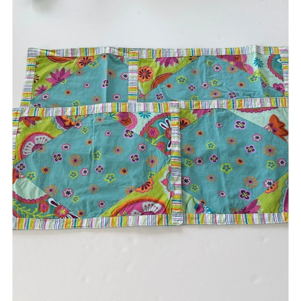 Floral Patchwork Table Runner 4 Placemats Set Teal Green Boho 5pc Decor
